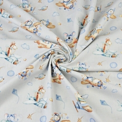 Baumwolle 100% Tiere im Flugzeug braun-blau auf grauem Hintergrund  