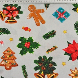 Baumwolle 100% Weihnachtsmuster mit Keksen auf grauem Hintergrund  