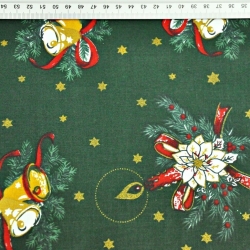 Baumwolle 100% Weihnachtsmuster Glocken und goldene Sträuße auf dunkelgrünem Hintergrund  