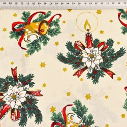 Baumwolle 100% Weihnachtsmuster Glocken und goldene Sträuße auf vanillefarbenem Hintergrund  