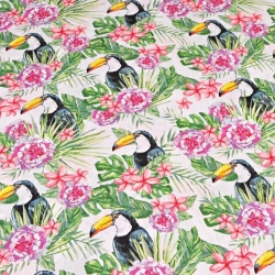 Baumwolle 100% Tukane mit rosa Blumen auf weißem Hintergrund  