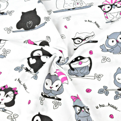 Baumwolle 100% verrückte Eulen mit rosa auf weißem Hintergrund  