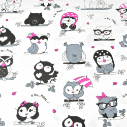 Baumwolle 100% verrückte Eulen mit rosa auf weißem Hintergrund  