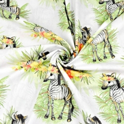 Baumwolle 100% Zebras mit Blättern auf weißem Hintergrund  