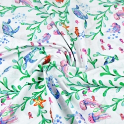 Baumwolle 100% Schildkröten und Quallen auf weißem Hintergrund  