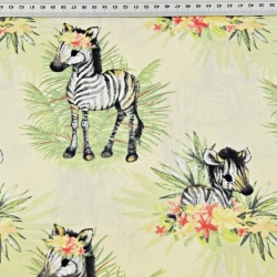 Baumwolle 100% Zebras mit Blättern auf ecrufarbenem Hintergrund  