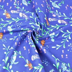 Baumwolle 100% Schildkröten und Quallen auf navyblauem Hintergrund  