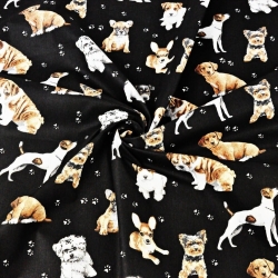 Baumwolle 100% Hunde beige-weiß auf schwarzem Hintergrund  