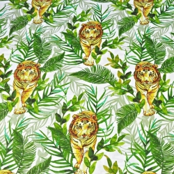 Baumwolle 100% Tiger mit Palmblättern auf weißem Hintergrund  