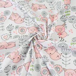 Baumwolle 100% Schweinchen mit Blümchen auf weißem Hintergrund  