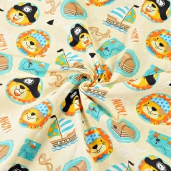 Baumwolle 100% Tiere Piraten auf beigem Hintergrund  