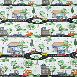 Baumwolle 100% Autos auf Straßen mit Bäumchen auf weißem Hintergrund  