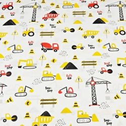 Baumwolle 100% Baustellenfahrzeuge gelb-rot auf weißem Hintergrund  