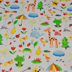 Baumwolle 100% Tiere gezeichnet bunt auf grauem Hintergrund  