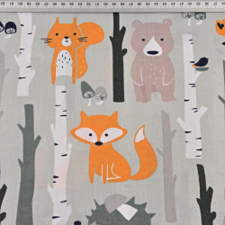 Baumwolle 100% Tiere im Wald auf grauem Hintergrund  