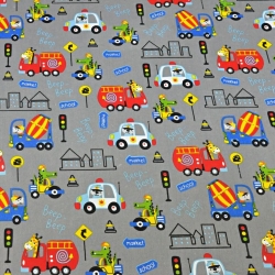 Baumwolle 100% Tiere in Fahrzeugen bunt auf dunkelgrauem Hintergrund  