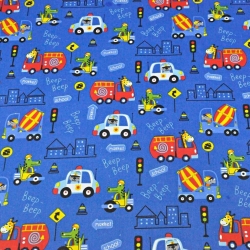 Baumwolle 100% Tiere in Fahrzeugen bunt auf saphirblauem Hintergrund  