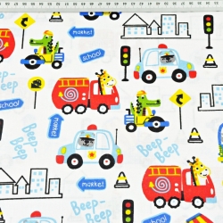 Baumwolle 100% Tiere in Fahrzeugen bunt auf weißem Hintergrund  