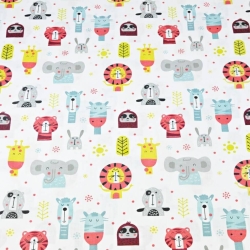 Baumwolle 100% bunte Tierköpfe auf weißem Hintergrund  