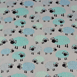 Baumwolle 100% blau-mintfarbene Schafe mit Punkten auf grauem Hintergrund  