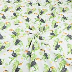 Baumwolle 100% Tukane auf Farnblättern auf weißem Hintergrund  