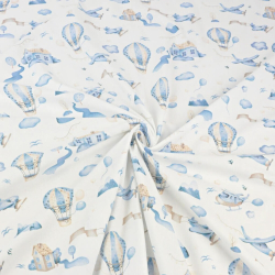 Baumwolle 100% Flugzeuge und Ballons blau-beige auf weißem Hintergrund  