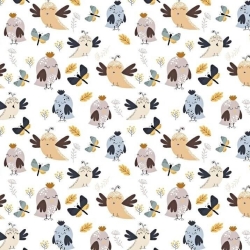 Baumwolle 100% Eulen mit Schmetterlingen auf weißem Hintergrund  