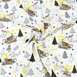 Baumwolle 100% Elefanten mit Tannenbäumen auf Schlitten auf weißem Hintergrund  