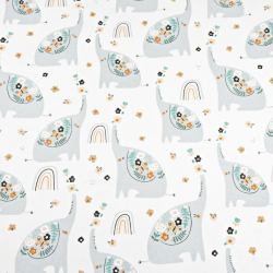 Baumwolle 100% Elefanten grau mit Blümchen auf weißem Hintergrund