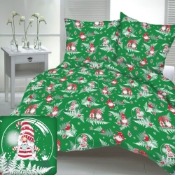 Baumwolle 100% Weihnachtsmuster Wichtel mit Farnblättern auf grünem Hintergrund  