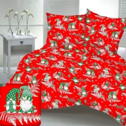 Baumwolle 100% Weihnachtsmuster Wichtel mit Farnblättern auf rotem Hintergrund  