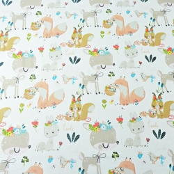 Baumwolle 100% Rehe mit Eichhörnchen und Füchsen auf weißem Hintergrund  