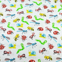 Baumwolle 100% Bunte Insekten und Schnecken auf weißem Hintergrund  