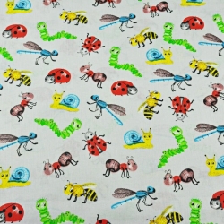 Baumwolle 100% Bunte Insekten und Schnecken auf grauem Hintergrund