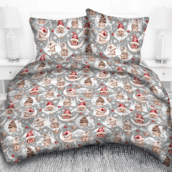 Baumwolle 100% Weihnachtsmuster mit Wichteln und Sternen in beige-rot auf grauem Hintergrund  