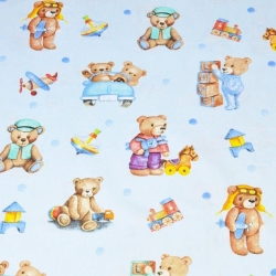 Baumwolle 100% Plüschbären mit Spielzeugen auf hellblauem Hintergrund  