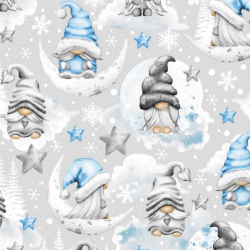 Baumwolle 100% Weihnachtsmuster mit Wichteln und Sternen in blau auf grauem Hintergrund  