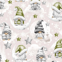 Baumwolle 100% Weihnachtsmuster mit Wichteln und Sternen in grün auf beige Hintergrund  