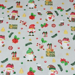 Baumwolle 100% Weihnachtsmuster mit Weihnachtsmännern und Geschenken auf grauem Hintergrund  