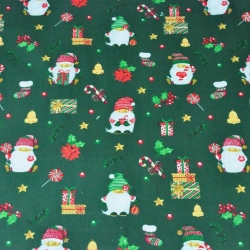 Baumwolle 100% Weihnachtsmuster mit Weihnachtsmännern und Geschenken auf dunkelgrünem Hintergrund  