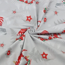 Baumwolle 100% Weihnachtsmuster Wichtel mit Farnblättern auf grauem Hintergrund  