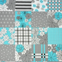 Baumwolle 100% Patchwork mit Blumen in weiß, grau und türkis  