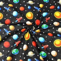 Baumwolle 100% bunte Planeten auf schwarzem Hintergrund  