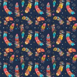 Baumwolle 100% bunte gemusterte Federn auf marineblauem Hintergrund  