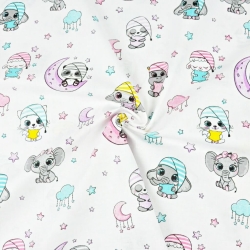 Baumwolle 100% schlafende Tiere rosa türkis auf weißem Hintergrund  