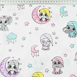 Baumwolle 100% schlafende Tiere rosa türkis auf weißem Hintergrund  