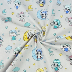 Baumwolle 100% schlafende Tiere gelb blau auf grauem Hintergrund  