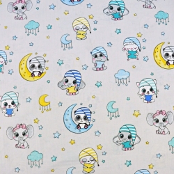 Baumwolle 100% schlafende Tiere gelb blau auf grauem Hintergrund  