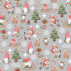 Baumwolle 100% Weihnachtsmuster Wichtel mit Mäusen auf grauem Hintergrund  