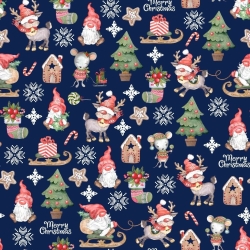Baumwolle 100% Weihnachtsmuster Wichtel mit Mäusen auf dunkelblauem Hintergrund  